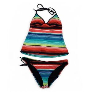 Roxy Swimsuit Two Piece Set Tankini Halter Multicolored Striped Women’s Medium